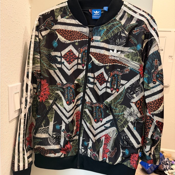 adidas Black Floral & Geometric Print Bomber Jacket - Picture 2 of 8